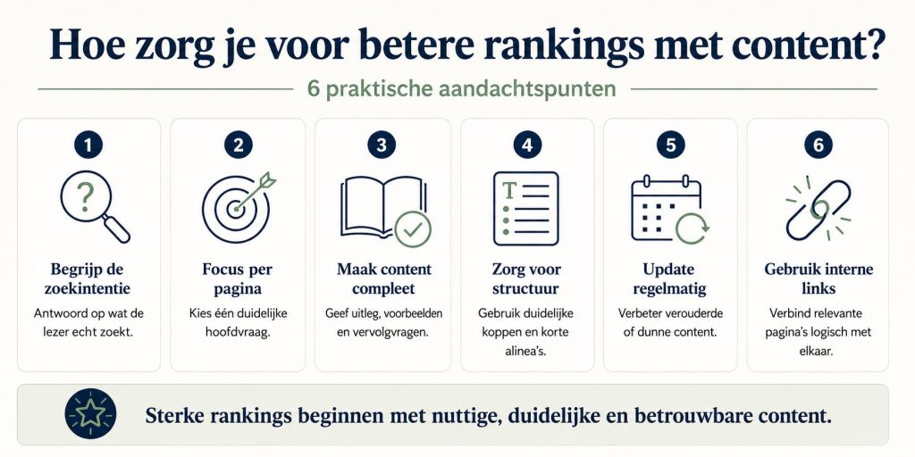 Visuele gids voor betere rankings met content: focus op zoekintentie, structuur, expertise en thematische autoriteit